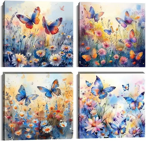 Vista 93 de Wall HDQ Arte de pared de flores para baño, dormitorio, sala de estar, decoración de pared azul y naranja, pintura floral, lienzo impreso, imagen