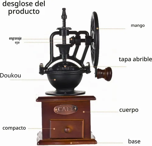 Vista 9 de Molinillo de café manual de la mano del estilo de la vendimia, molinillo de café manual con la manija, molino de rodillos