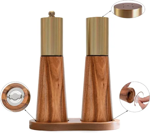 Vista 3 de Juego de molinillo de sal y pimienta, molinillo de pimienta de madera de acacia con grosor ajustable, molinillo de hoja de cerámica recargable