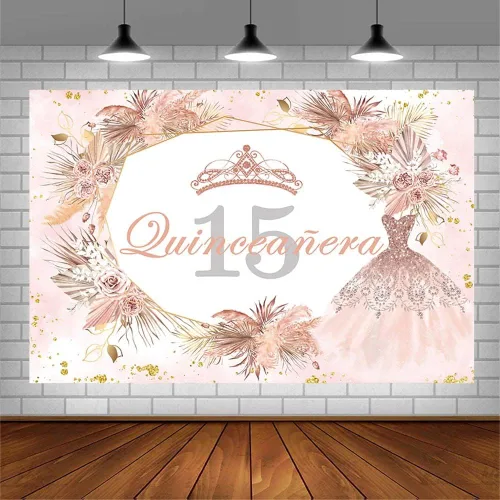 Vista 3 de Sendy Telón de fondo de quinceañera de 15 cumpleaños de 7 x 5 pies para niña dulce, bohemio, rosa dorado con purpurina Mis Quince Anos, decoración