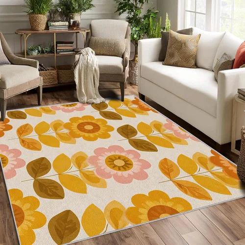 Vista 16 de YZO133 - Alfombra retro de los años 70, pequeña, lavable de 2 x 3 pulgadas, para entrada, diseño abstracto de ondas florales, decoración retro