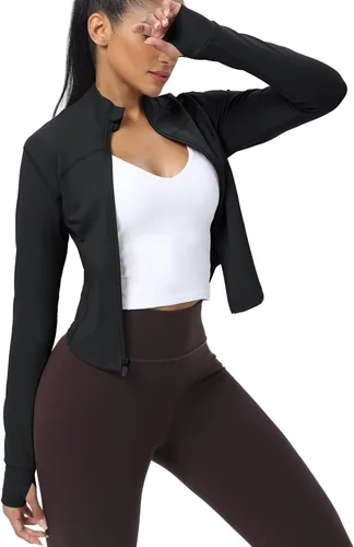 Vista 2 de AVGO Chaquetas de entrenamiento recortadas para mujer, con cremallera, ajustadas, atléticas, con agujeros para el pulgar