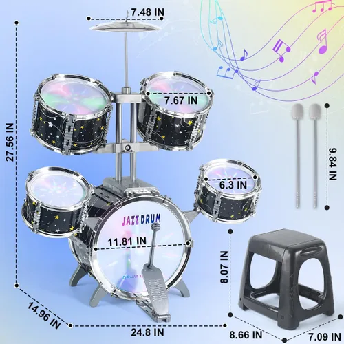 Vista 2 de Juego de batería para niños pequeños de 1 a 3 años, batería de jazz mejorada para niños, juguetes de instrumentos musicales y luces y todo plástico