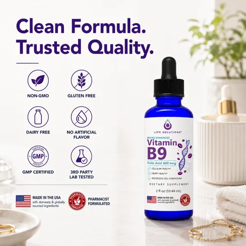 Vista 6 de Life Solutions - Gotas líquidas de vitamina B9, ácido fólico 400 mcg, 2 onzas líquidas 400 mcg de ácido fólico por porción en convenientes gotas