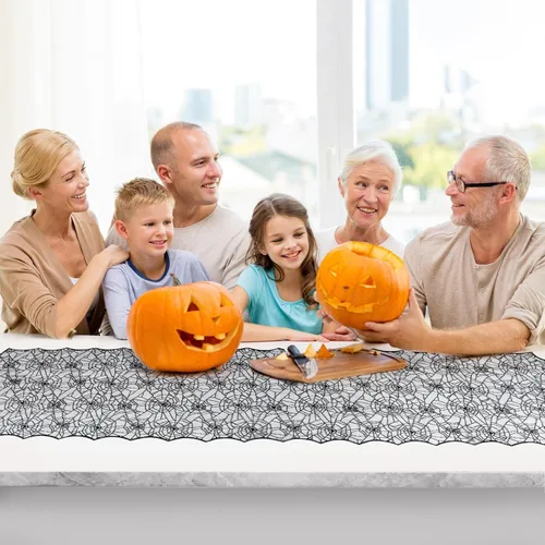 Vista 7 de Camino de mesa de Halloween, tela de araña de encaje negro, para decoración de Halloween, fiesta, decoración de mesa de comedor, 18 x 72 pulgadas