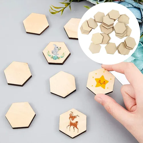 Vista 5 de EXCEART 50 piezas de madera hexagonales de 1.575 in con forma de madera hexagonal sin terminar, formas recortadas para manualidades, adornos