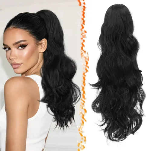 Vista 15 de BARSDAR Extensiones de cola de caballo con clip de garra, extensiones de cabello corto ondulado negro de 14 pulgadas para mujer, extensiones