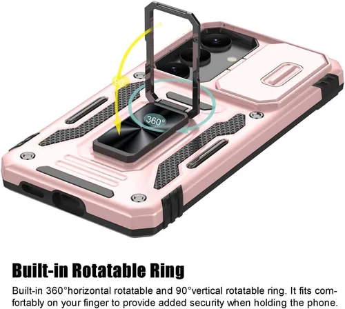 Vista 3 de Funda para Samsung Galaxy S24, a prueba de golpes, con cubierta deslizante para cámara y soporte de anillo giratorio + protector de pantalla
