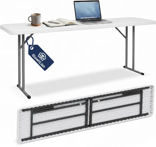 Vista 9 de Mesa plegable de 5 pies, estrecha, portátil, de plástico, resistente, mesa de seminario rectangular de polietileno de alta densidad con asa