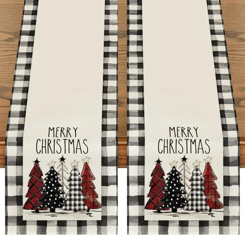 Vista 8 de Artoid Mode Acuarela a Cuadros Buffalo Árboles de Navidad Feliz Navidad Camino de Mesa, Decoración de Mesa de Cocina y Comedor de Temporada