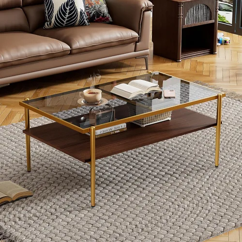 Vista 5 de Mesa auxiliar de cristal, mesa de centro de mediados de siglo de 2 niveles con parte superior de vidrio templado gris y estante de almacenamiento