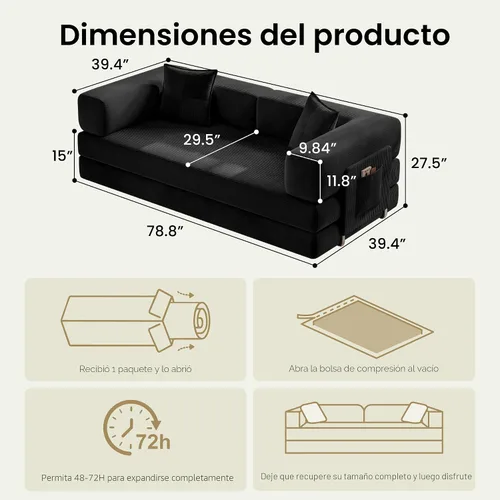 Vista 2 de Sofá cama tipo futón convertible de 78.8 pulgadas, sofá deshuesado Negro