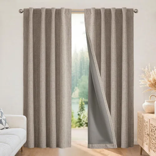 Vista 23 de Joydeco - Cortinas 100% opacas, 2 paneles de lino natural para oscurecer habitación, aislamiento térmico, trabillas traseras y bolsillo para barra