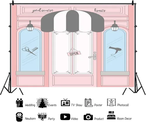 Vista 2 de AOFOTO Telón de fondo rosa de 5 x 3 pies, para peluquería, peluquería, peluquería, manicura, pedicura, spa, tienda de belleza, barbería, salón