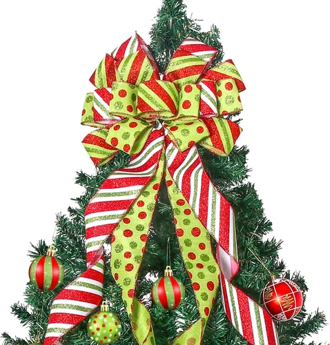 Vista 9 de Adorno de lazo grande para punta de árbol de Navidad y corona, lazo con cinta de poliéster con puntos verdes y rojos, para hogar, Acción de Gracias
