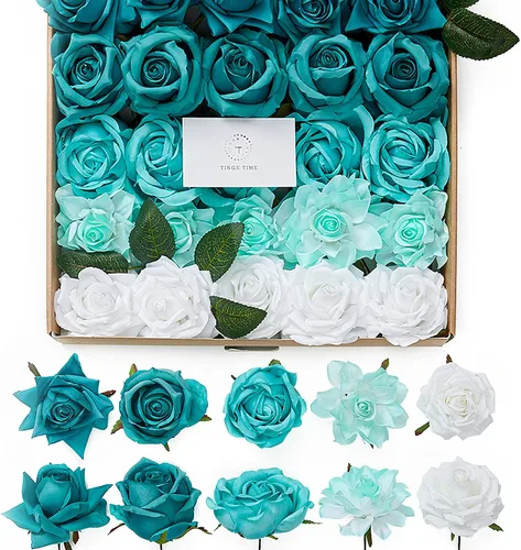 Vista 12 de TINGE TIME - Flores artificiales, 25 piezas, rosas azules degradado de aspecto real con tallo para manualidades, ramos de novia, centros de mesa