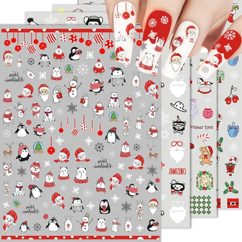 Vista 6 de Calcomanías de uñas – Navidad 3D, calcomanías autoadhesivas para uñas, patrón multicolor, 10 hojas, para arte de uñas