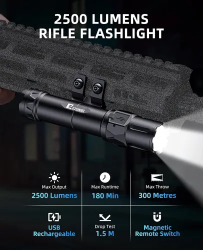 Vista 2 de EZshoot Luz de rifle de 2500 lúmenes compatible con M-Rail, luz Ar recargable con interruptor de presión remoto magnético, linterna táctica