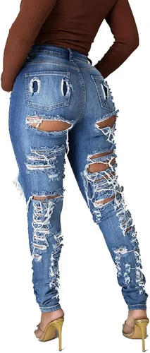 Vista 6 de Women's Skinny Ripped Jeans Stretch Destroyed Mid High Waist Denim Pants