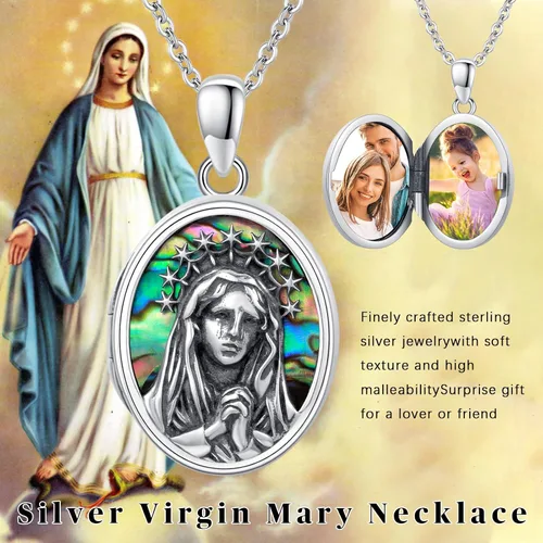 Vista 6 de Collar de medallón de plata de ley 925 con medallón milagroso que sostiene imágenes, joyería religiosa católica, regalos para mujeres y niñas, Plata