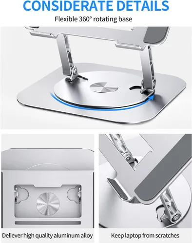 Vista 4 de AOEVI Soporte ajustable para computadora con base giratoria de 360°, elevador ergonómico plegable para computadora portátil para escritorio