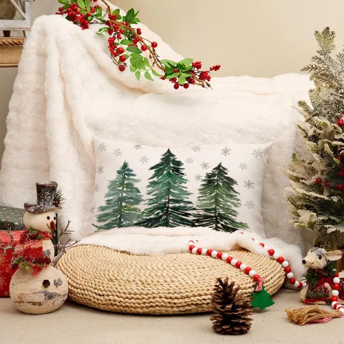 Vista 2 de Funda de almohada navideña de AACORS 12x20 pulgadas Árboles de Navidad Copo de nieve Decoraciones Funda de almohada de invierno para sofá de casa