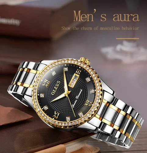 Vista 12 de OLEVS - Relojes de diamantes para hombres, relojes de vestir a prueba de agua, relojes analógicos de cuarzo de lujo con calendario de fecha y correa