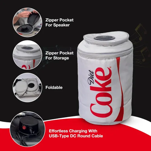 Vista 12 de Bolsa enfriadora con forma de lata de Coca Cola con altavoz Bluetooth, tiempo de reproducción de 5 horas, correas ajustables, cremalleras, tela