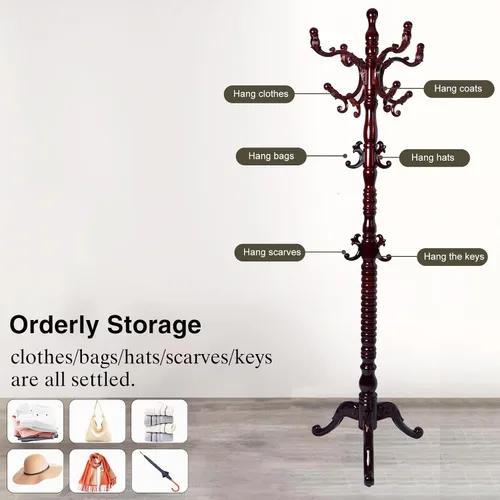 Vista 3 de Perchero de madera independiente, colgador de árbol de pasillo con ganchos de resina, perchero ajustable y resistente para colgar ropa, bolsas