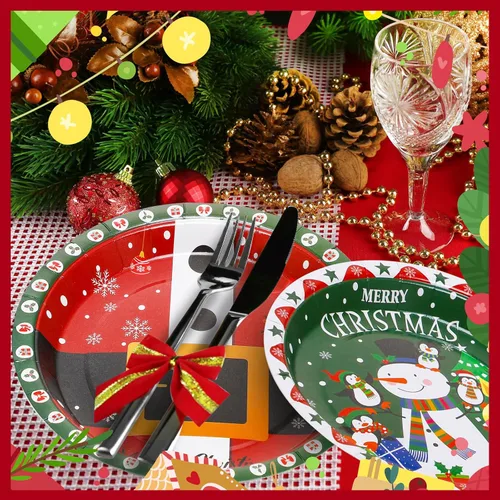 Vista 2 de Sliner 120 platos de papel de Navidad desechables, 9 pulgadas