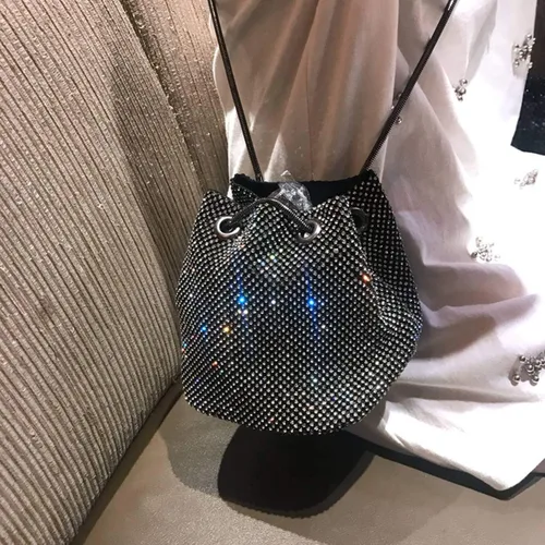 Vista 2 de Ayliss - Bolsa tipo cubo con diamantes de imitación para mujer, que se cruza en el cuerpo, tamaño minipequeño, brillante, de noche