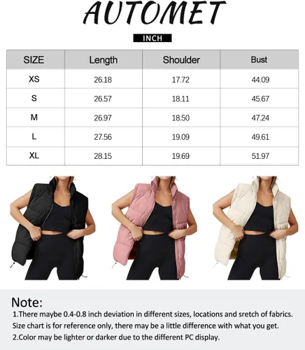 Vista 7 de AUTOMET Chaleco acolchado para mujer, sin mangas, con cremallera, cálido, acolchado, ligero, cuello alto, con bolsillo