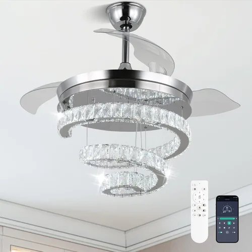 Vista 8 de FRIXCHUR 42" Ventiladores de techo de cristal con candelabro regulable LED, lámpara de araña retráctil en forma de luna con luces y control remoto
