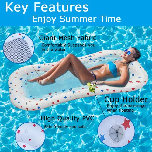 Vista 3 de Flotador de piscina extra grande de malla de refrigeración con soporte para tazas, tumbona flotante de refrigeración ultra cómoda para adultos