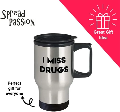 Vista 3 de SpreadPassion Taza de viaje con texto en inglés "I miss drugs" (I miss drugs), divertido vaso aislante, idea de regalo