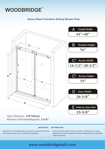 Vista 5 de Woodbridge MSDC4876-BG - Puertas de ducha sin marco de 44-48 pulgadas de ancho x 76 pulgadas de alto con vidrio templado transparente de 3/8