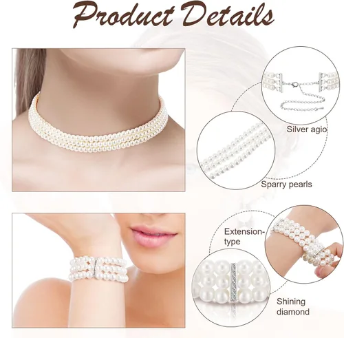 Vista 2 de Conjunto de joyas de perlas para mujer, collar de gargantilla de perlas de imitación de múltiples capas, pulsera elástica de perlas, aretes largos