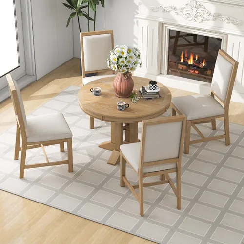 Vista 16 de Juego de mesa de comedor funcional retro de 5 piezas, mesa de comedor redonda extensible de madera y 4 sillas de comedor tapizadas para restaurante