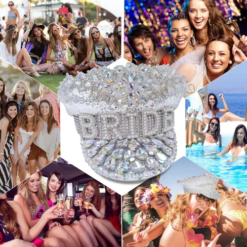 Vista 9 de Ulrica Sombreros de novia con diamantes de imitación, sombrero de discoteca para decoraciones de despedida de soltera, sombrero de vaquero brillante