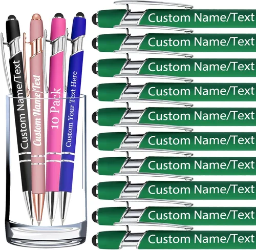 Vista 25 de Bolígrafos personalizados con nombre, paquete de 10 bolígrafos personalizados a granel, bolígrafo de tinta negra grabada con punta de lápiz óptico