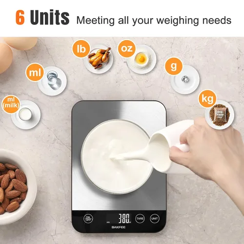 Vista 6 de Báscula digital de cocina de 33 libras, báscula de alimentos recargable con acero inoxidable, gramos y onzas, carga USB, 0.04 oz de alta precisión