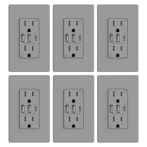 Vista 25 de ELEGRP Tomacorrientes USB, toma de pared de 3 puertos, toma eléctrica de 30 W 6.0 A resistente a manipulaciones, toma de corriente de 15 amperios