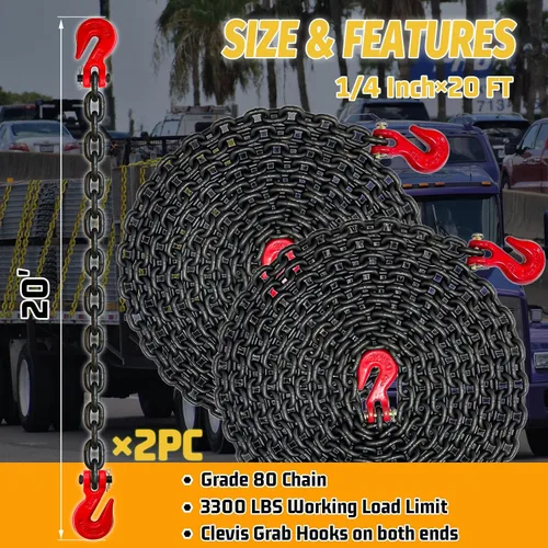 Vista 2 de Cadena de remolque de 1/4" Cadena de troncos G80 con gancho de agarre de horquilla G70 para remolque Cadenas de seguridad de transporte de 20 pies