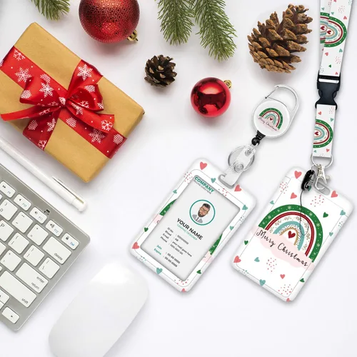 Vista 2 de Cordones de Navidad para insignias de identificación, carrete de insignia arcoíris resistente con clip de mosquetón, soporte de insignia