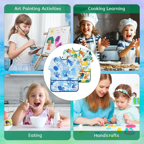 Vista 7 de 2 piezas de delantal de arte para niños, delantal de pintura para niños pequeños de manga larga con 3 bolsillos para actividades de pintura