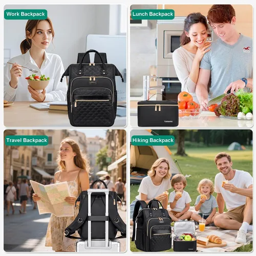 Vista 8 de Mochila de almuerzo, mochila para laptop de 15.6 pulgadas para mujeres, enfermeras, profesores, mochila de trabajo con lonchera aislada, Negro