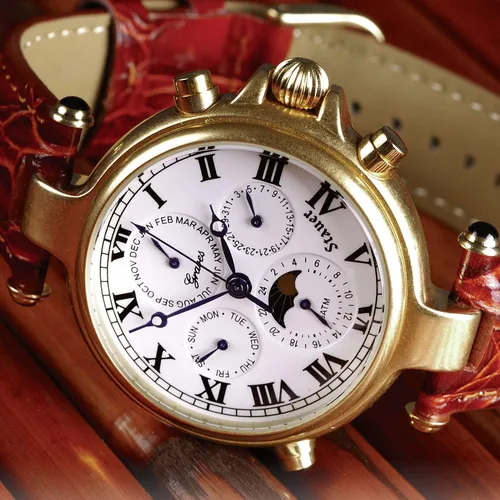 Vista 4 de Stauer Reloj de pulsera Graves '33 con acabado dorado – Reloj automático para hombre con carcasa dorada de 1.535 in – Reloj de fase lunar con correa