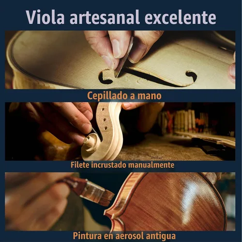 Vista 2 de Mendini by Cecilio Juego de viola de madera maciza de 14 pulgadas para principiantes - Kit de viola acústica tallada a mano con estuche rígido Satén