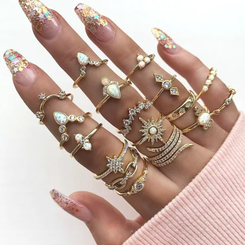 Vista 2 de Rrdaily Juego de 17 anillos apilables vintage para nudillos para mujer, delicados anillos de diamante para dedos, accesorios de joyería de verano