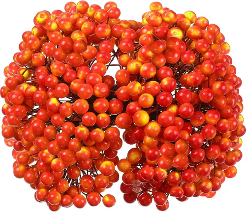 Vista 9 de BBTO Bayas artificiales de acebo en tallos de alambre, 250 tallos con 500 bayas falsas de 0.315 pulgadas para decoración de árboles, corona, Rojo